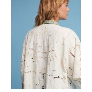 Floret Anthropologie Kimono Topper Floral Embroidered Open Front White OS